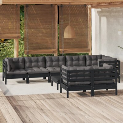 vidaXL 9 Piece Garden Lounge Set with Cushions Black Solid Pinewood