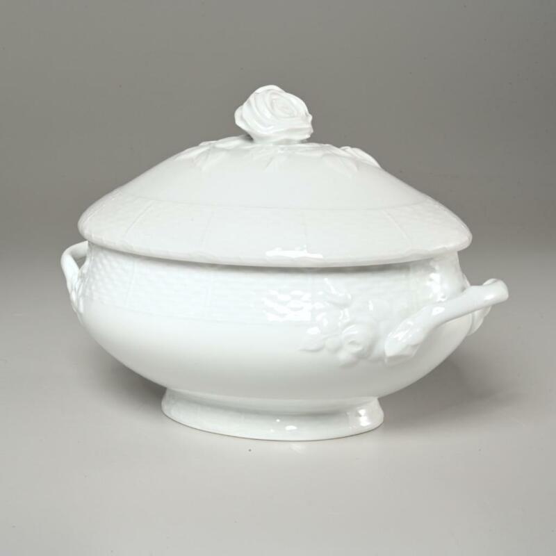 RAYNAUD LIMOGES "OSIER" COVERED TUREEN W/ ROSE FLOWER FINIAL, 11.5" (C)