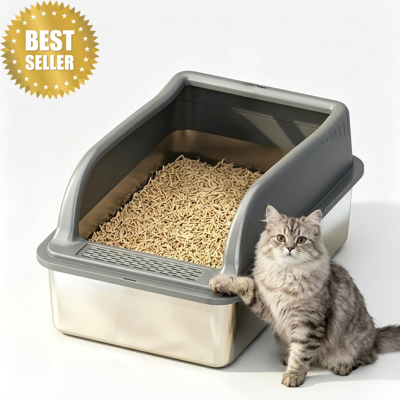 Enclosed Stainless Steel Cat Litter Box with Lid, XL Extra Large Litter Box for