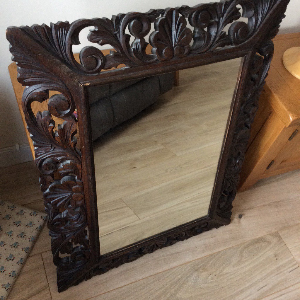 Beautiful antique heavy dark wood carved mirror 26’’ wide 34’’ long