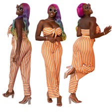 Women Stripe Print BoatNeck Strapless Chest Wide Legs Casual Summer Jumpsuit 2pc