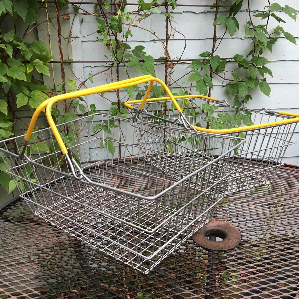 2 Vintage Metal Wire Shopping Baskets with Yellow Handles in Thame