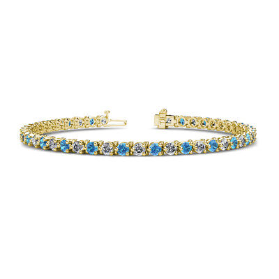 Pre-owned Trijewels Blue Topaz & Diamond Eternity Tennis Bracelet 5.32 Ctw 14k Yellow Gold Jp:124812 In G-h