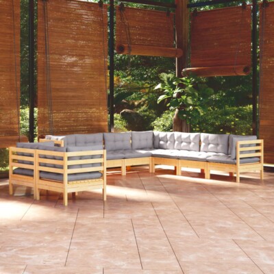 vidaXL 9 Piece Garden Lounge Set with Grey Cushions Solid Pinewood