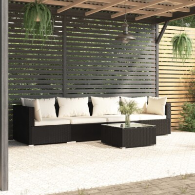 vidaXL 5 Piece Garden Lounge Set with Cushions Poly Rattan Black
