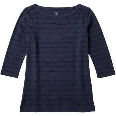 Talbots Navy Blue Boatneck Top 3/4 Sleeve Eyelet Knit Side Tie M 52129148