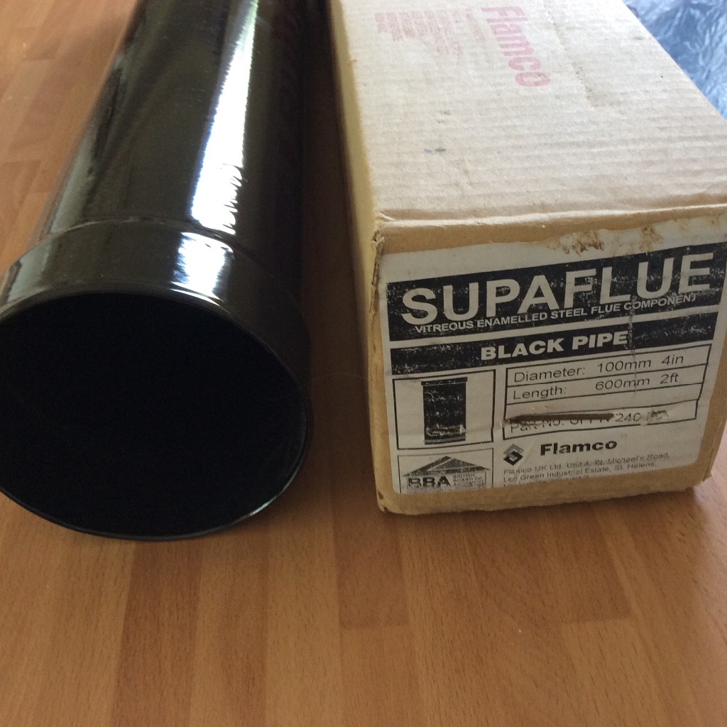 Gloss black Vitreous Enamel Aga Flue Pipe. 4" diameter Straights and