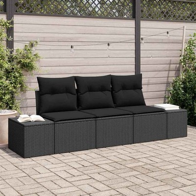 vidaXL Sofa Set with Cushion 3 pcs Black Poly Rattan
