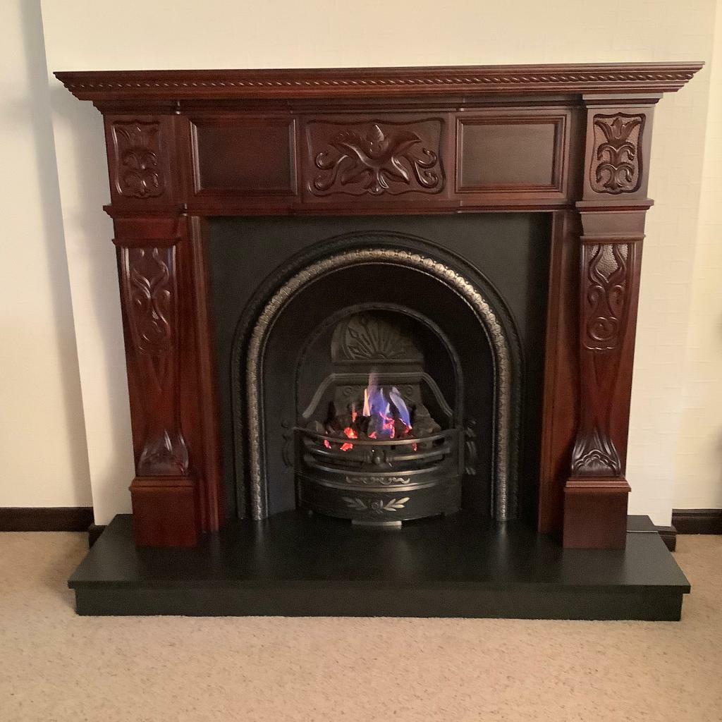 Complete Mahogany Fireplace with Fire and Hearth in Cramlington