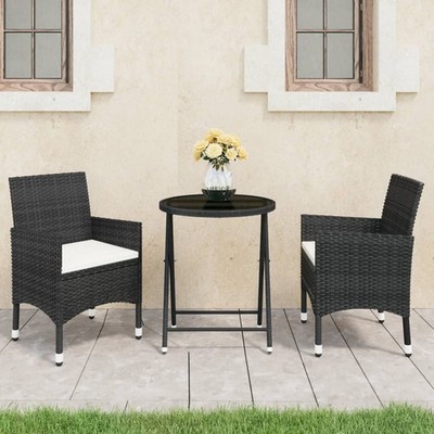 vidaXL 3 Piece Garden Bistro Set Poly Rattan and Tempered Glass Black