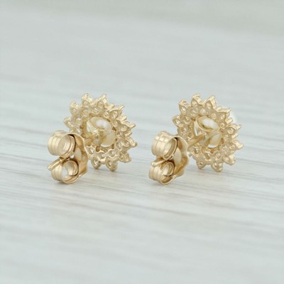 Pearl CZ Halo Flower Stud Earrings - 10k Yellow Gold Pierced Cubic Zirconias