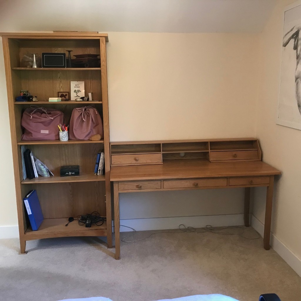 Solid Oak Desk and matching bookshelf in good condition in Andover
