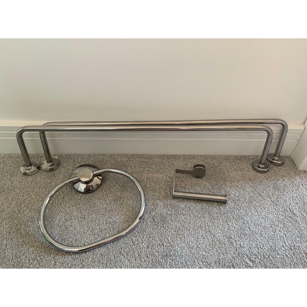 Bathroom accessories, towel rail, toilet roll holder and towel ring