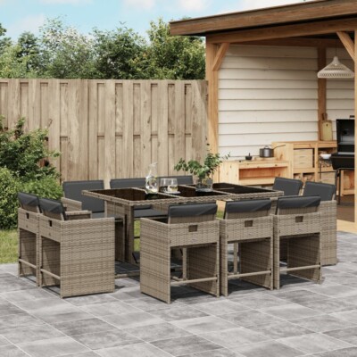vidaXL 11 Piece Garden Dining Set with Cushions Grey Poly Rattan