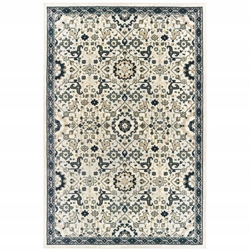 Устойчивый к пятнам коврик Oriental Power Loom размером 10 X 13 Дюймов цвета слоновой Кости, Темно-Синего и Золотого цветов