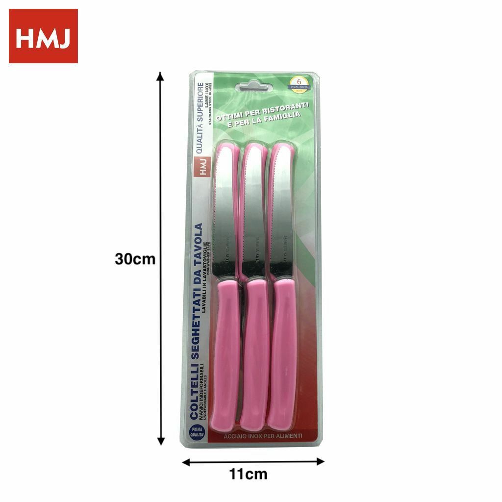 Set 6 Pezzi Coltelli Da Tavola Lama Acciaio Seghettati Manico Rosa Cucina hmj