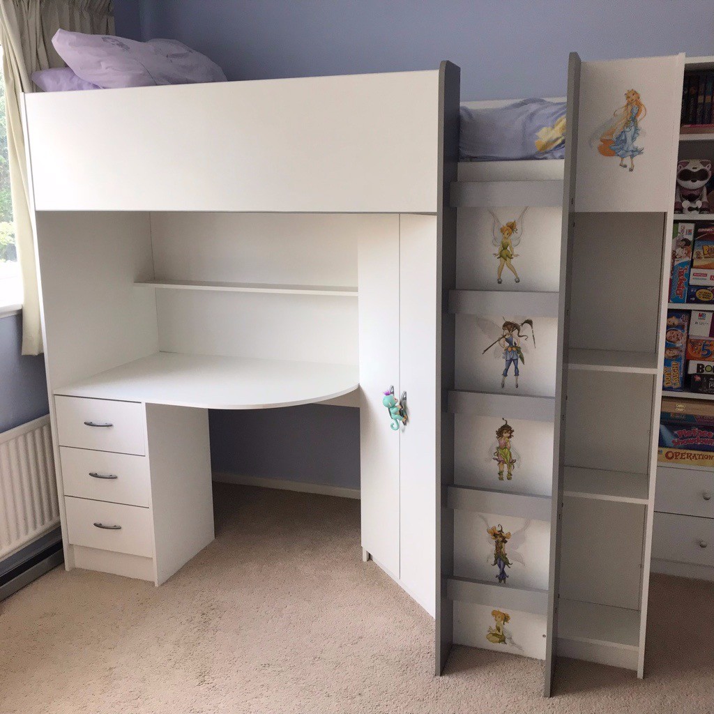 High Sleeper Cabin Bed, with wardrobe, large desk, shelving and three