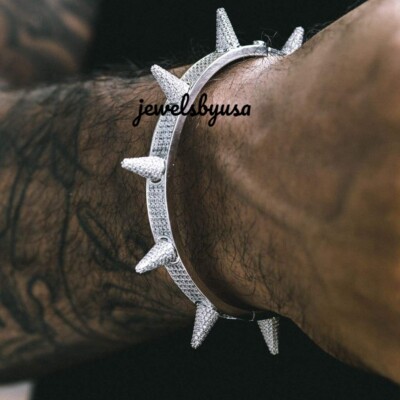 Pre-owned Nsg Men's 4.2ct D/vvs Natural Moissanite Spiked Fancy Bangle 925 Silver 8" In White