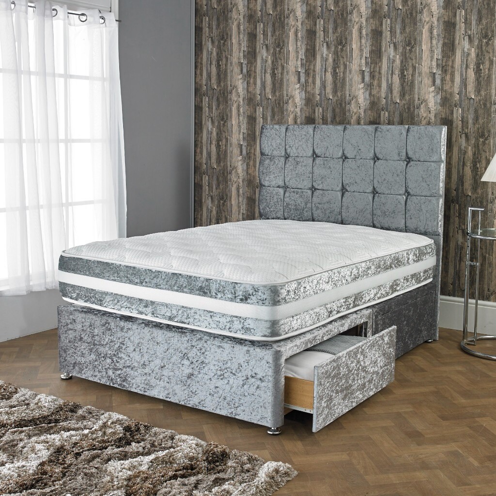 Luxury Crushed Velvet Divan Bed Sets with Memory Foam Mattress & Cubed