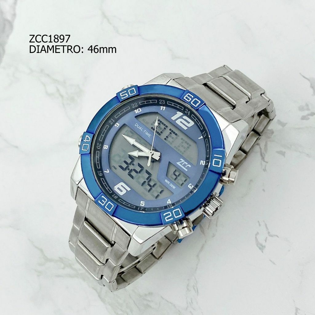 Orologio Polso ZCC 1897 Uomo Quarzo Acciaio Dual Time Silver Blu lac