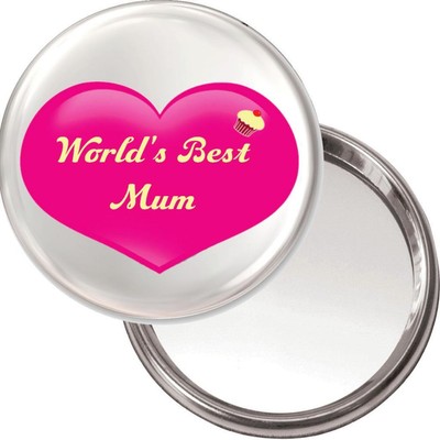 NEW Unique Button Mirror. with a pink love heart with wording''World's best Mum''
