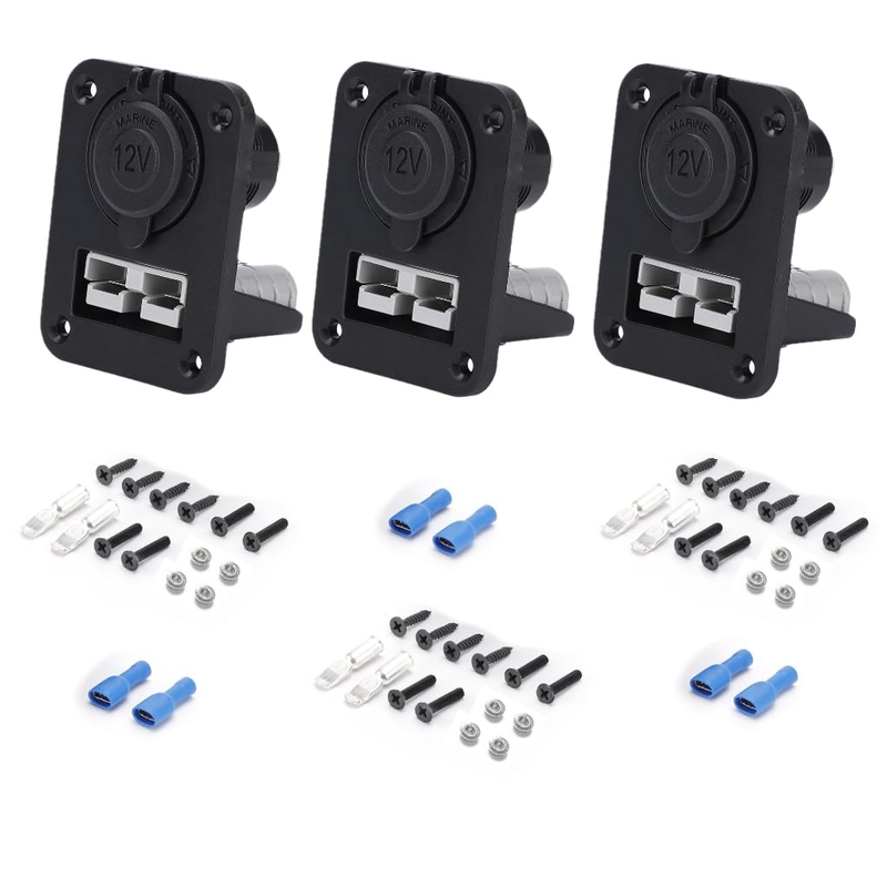 3-Pack Dual Flush Mount Panel Kit 50A Anderson Style Plug & 12V Cigarette Socket