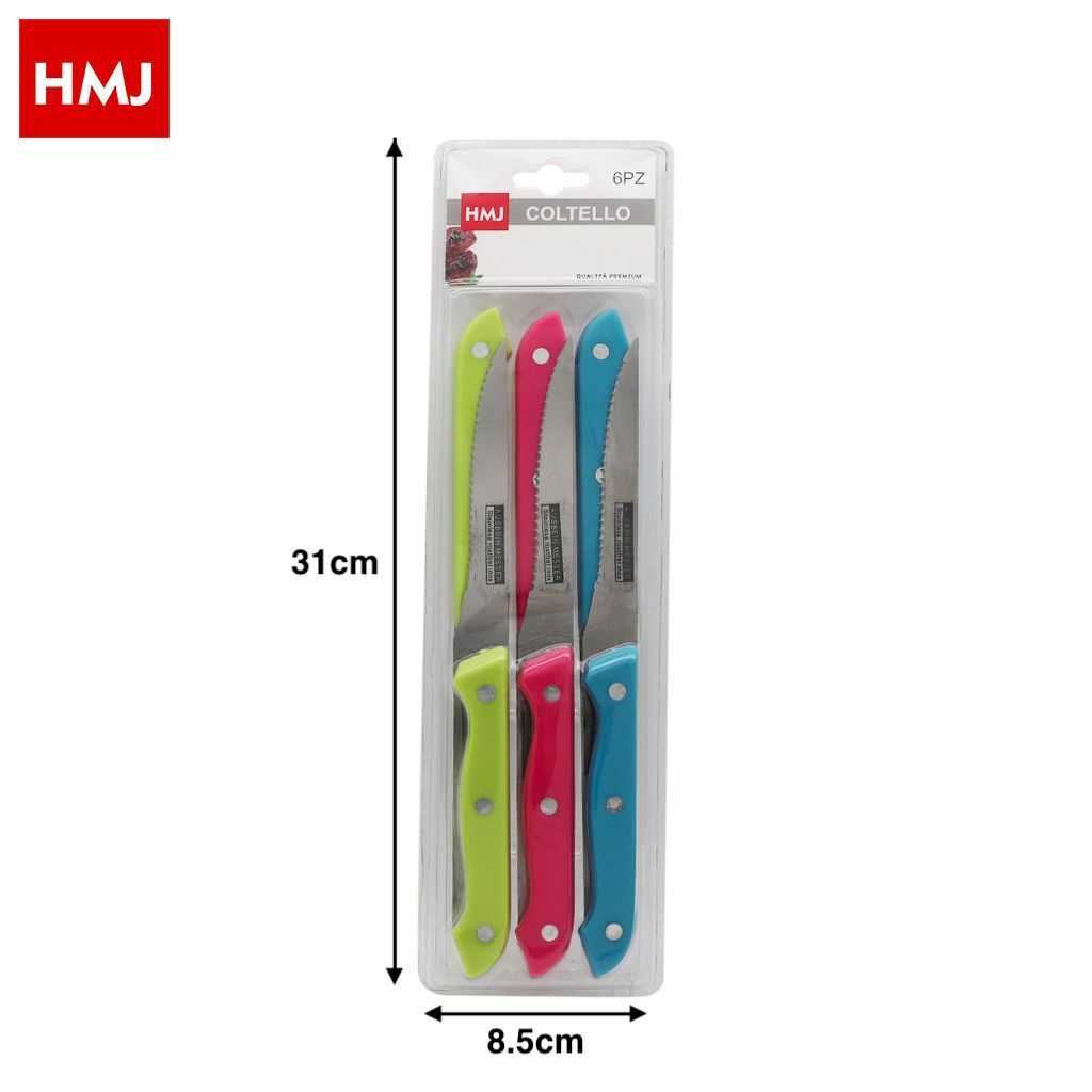 Set 6 Pezzi Coltelli Da Tavola Lama Acciaio Seghettati Manico Colorato hmj
