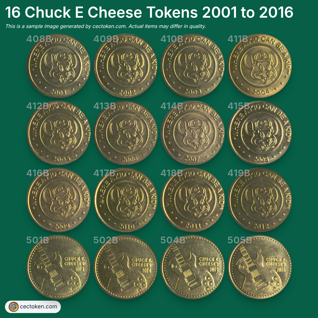 Sequential Lot: 16 Chuck E Cheese Tokens 2001 to 2016 | Brass Type 4 and 5