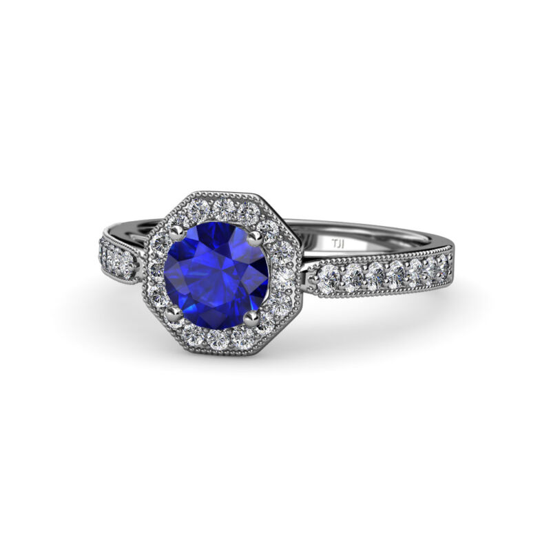 Round Blue Sapphire Diamond Women Halo Engagement Ring 14k Gold Jp:55806