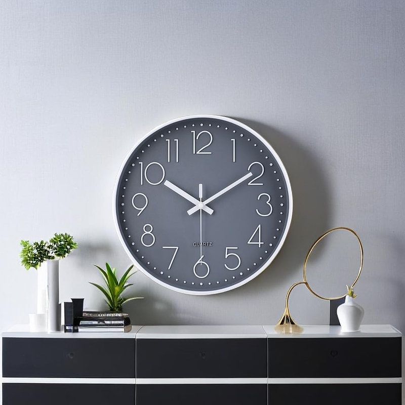Silent Non-Ticking Quart 12in Wall Clock Grey Modern Kitchen Living Room Bedroom