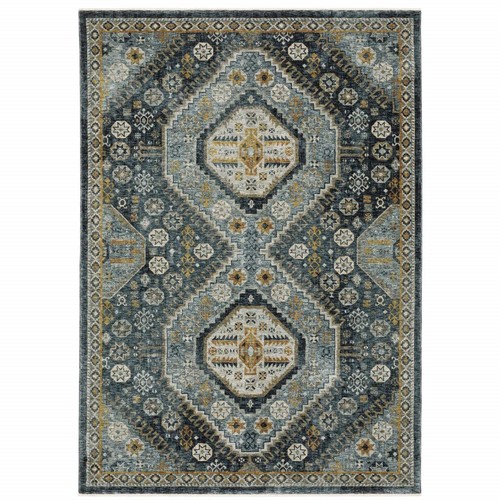 Устойчивый к пятнам коврик Oriental Power Loom размером 5 X 8 Дюймов, Синий, Золотой, Слоновой Кости и Темно-Синий
