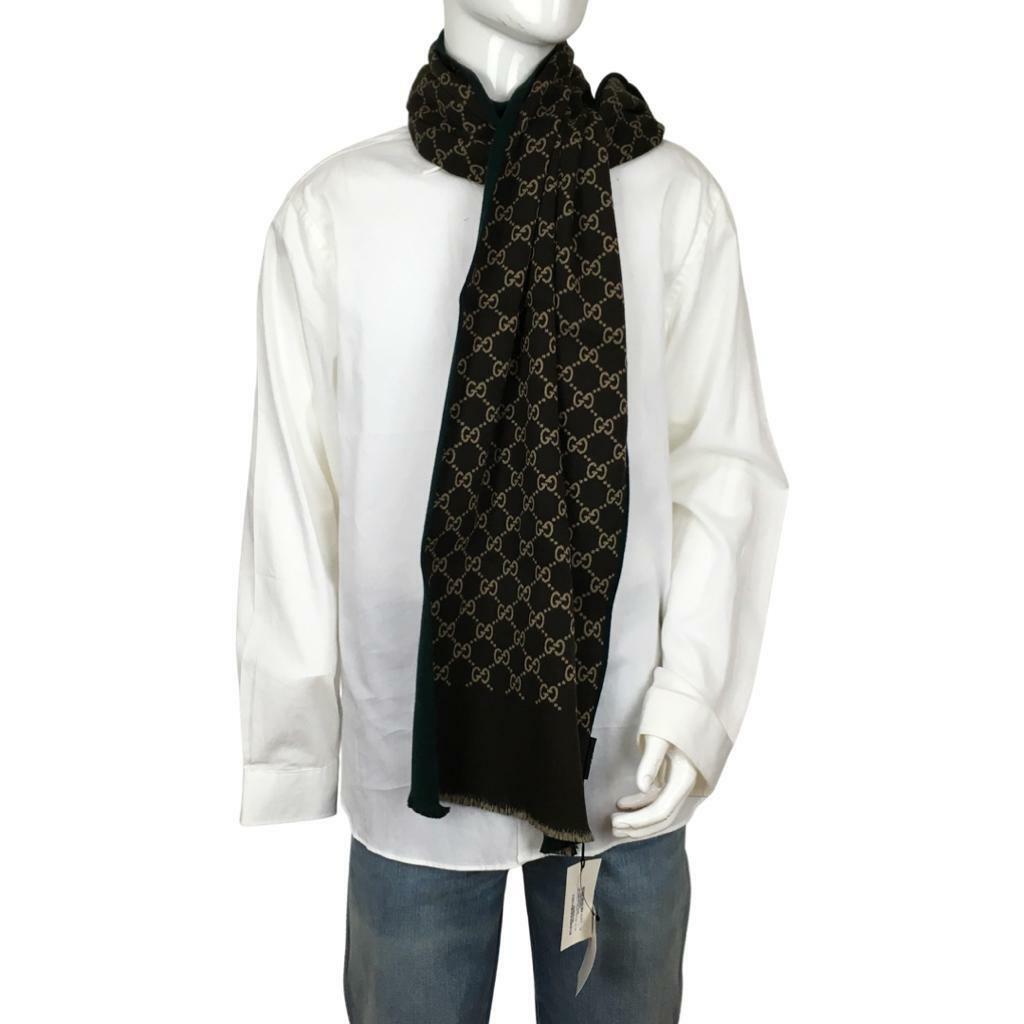 Pre-owned Gucci Men's Scarf Double Sided Green Other Side Brown Beige Monogram Gg Dm11 In Green/brown/beige