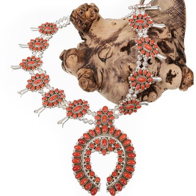 Squash Blossom Necklace Gem CORAL Sterling Silver Native American KENNETH JONES