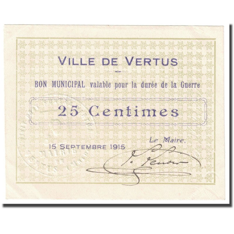 [#608375] France, Vertus, 25 Centimes, 1915, Bon Municipal., Spl, Pirot:51-50