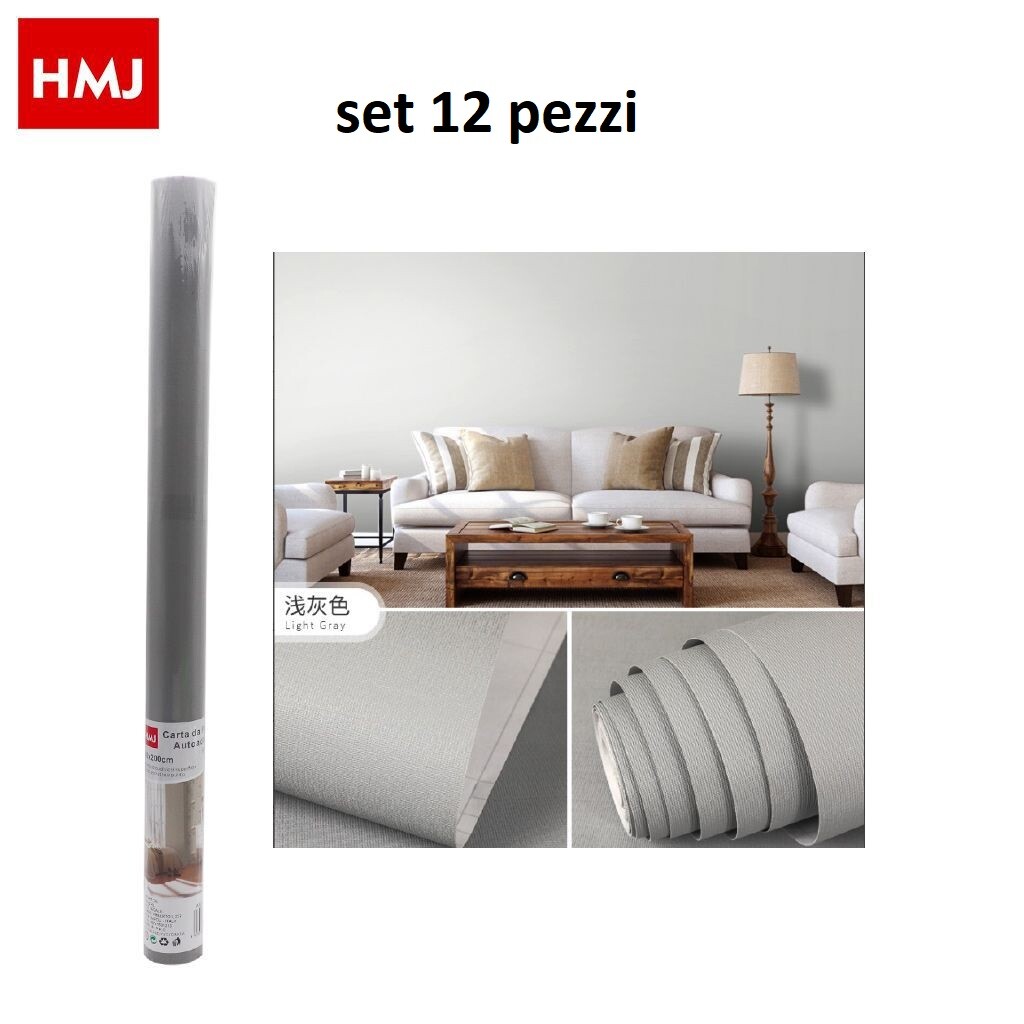 Set 12 Pezzi Rotolo Adesivo Per Muri Parete In Pvc 45cmx2mt Grigia 24049 hmj