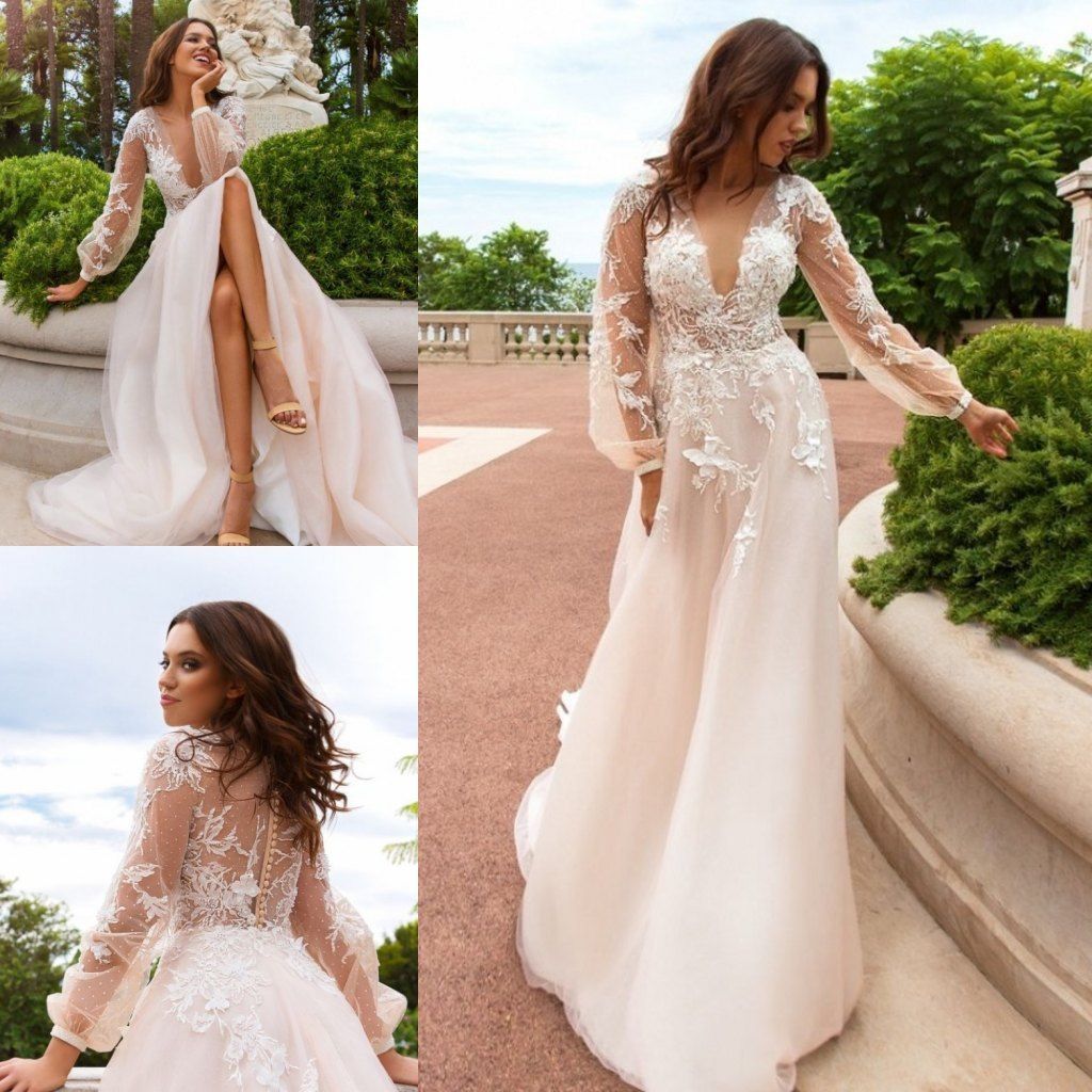 Vintage Boho Wedding Dresses Bridal Gown Custom Long Sleeve Deep V