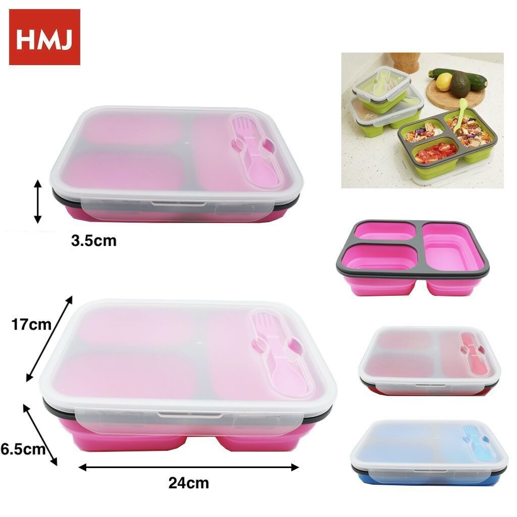 Contenitore Porta Pranzo Vivande Pieghevole Posate Viaggi Scuola 3 Scomparti hmj