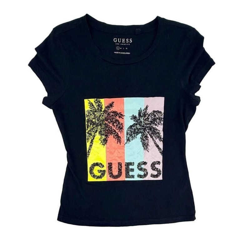 Guess Los Angeles Women's Palm Tree Sequin Graphic Black Short Sleeve Tee S