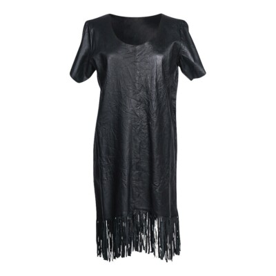 RTA Dress Black Crushed Leather Sheath Fringe Detail M  nwt