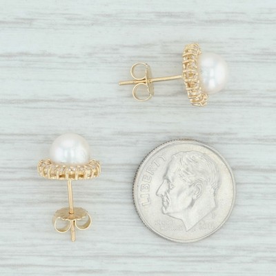 Cultured Pearl & Diamond Halo Stud Earrings - 14k Yellow Gold Pierced