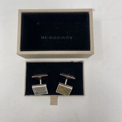 Burberry Mens Square Cufflinks Engraved Silver Tone Beige Red House Check Plaid
