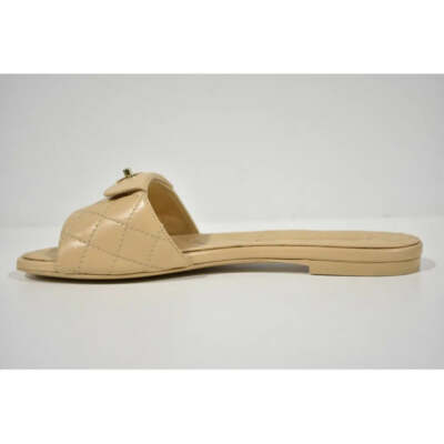 Pre-owned Chanel Rev Beige Turnlock Quilted Gold Cc Logo Mules Slide Sandal Flop Flat 40.5