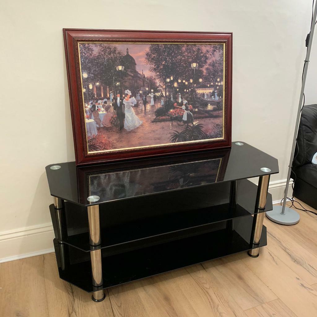 Tv stand Glass TV Stand 114cm, Chrome Legs, Black Glass in