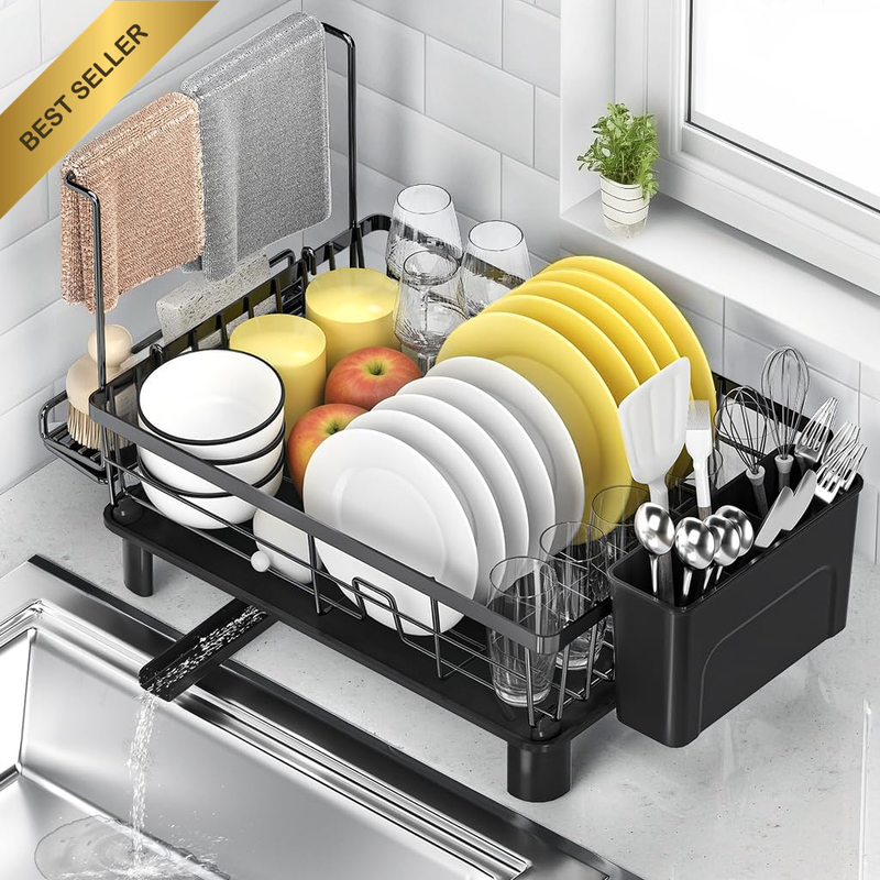 Dish Rack with Cutlery Holder and Towel Bar, 360° Swivel Drain, Stainless Carbon