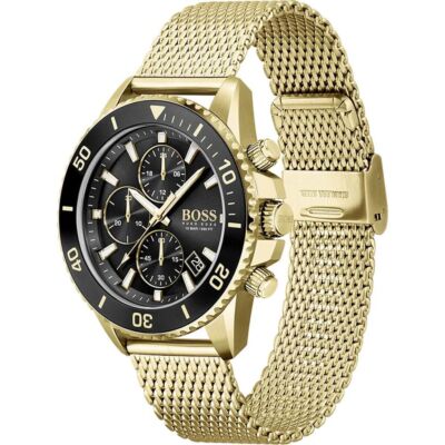 Pre-owned Hugo Boss Mens Wristwatch  Admiral 1513906 Chrono Stainless Steel Mesh Golden