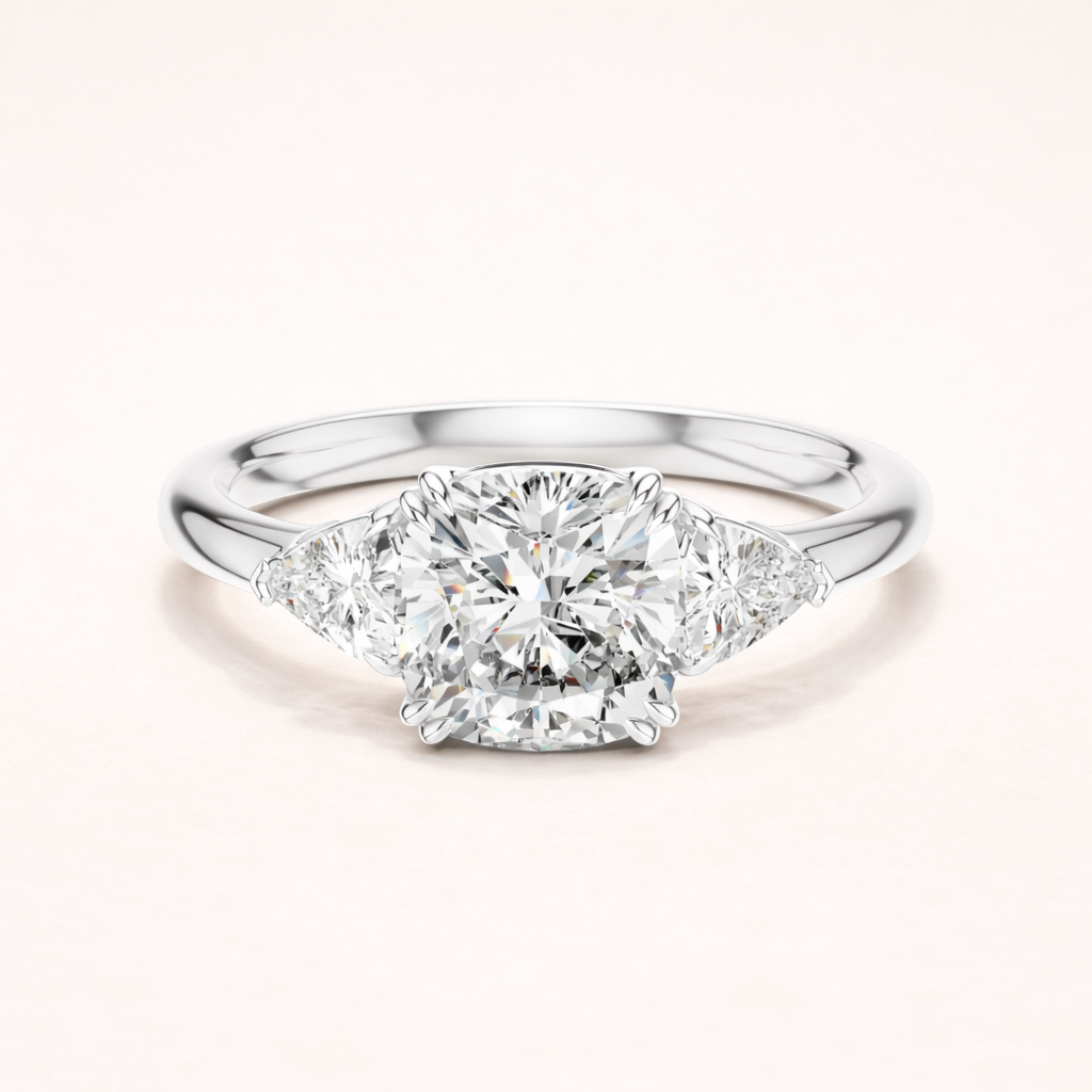 Cushion Lab Grown Diamond Three Stone Trillion Side Stones Sterling Silver Ring