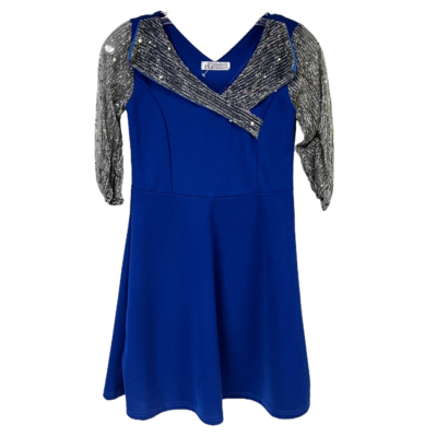 Hanguoyiguan Womens A Line Dress Blue Mini V Neck 3/4 Sleeve