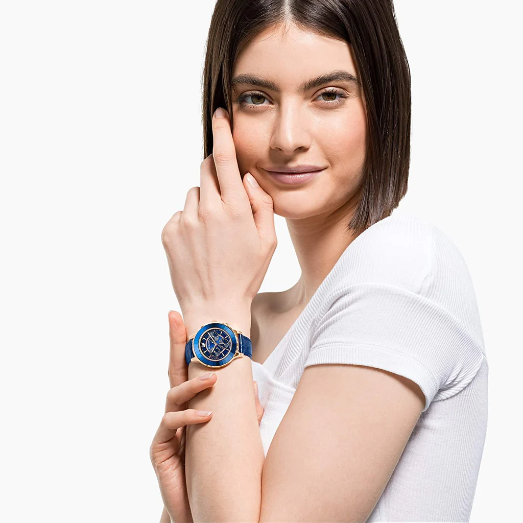 Pre-owned Swarovski Authentic  Octea Lux Watch With Blue Leather Strap