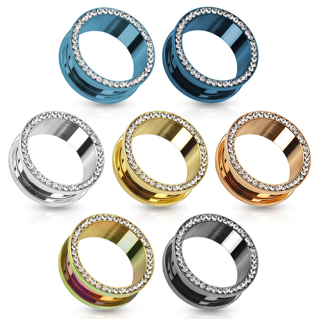 Flesh Tunnel Ohr Piercing Edelstahl Zirkonia Kristall Steine Schraub Stahl Plug