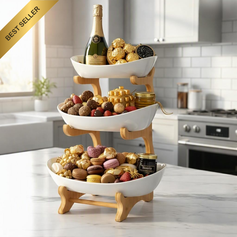 Fruit Bowl for Kitchen Counter, 3-Tier with Bamboo Stand, Modern Kitchen Fruit &